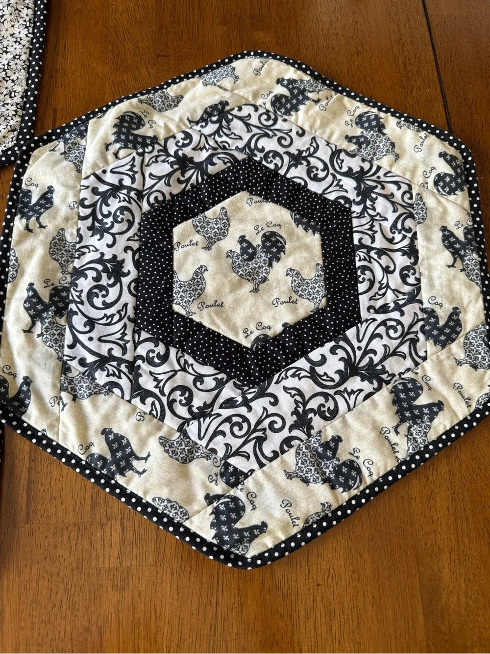 Vintage black white Quilted Chicken Print fabric Table place Mats (set of 3)